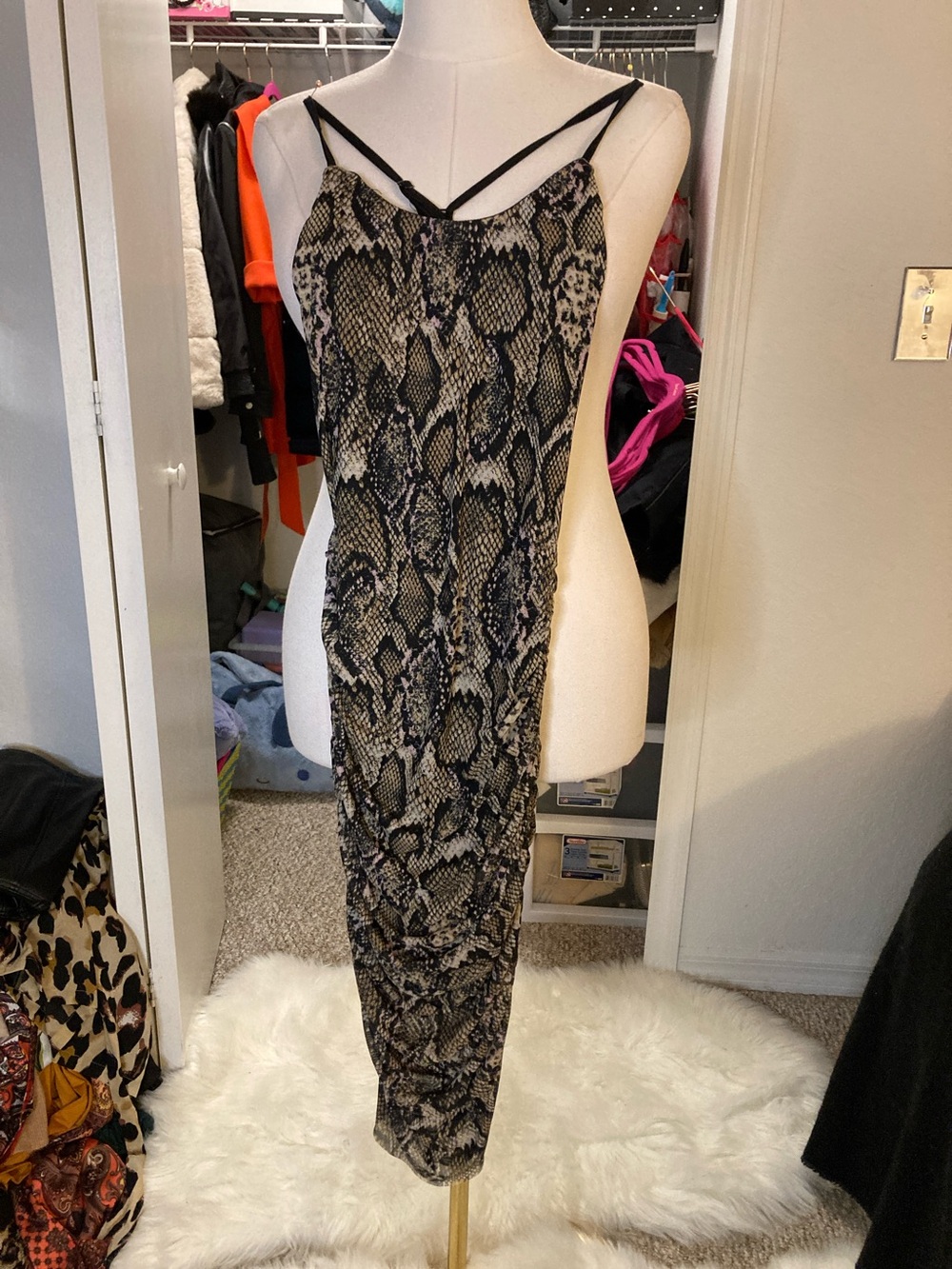 love, Fire Snake-Print Strappy Midi Dress in Black and Cream